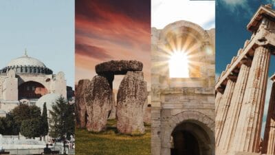 Collage van historische studiereisbestemmingen: Hagia Sophia Istanbul, Stonehenge, klassieke Romeinse boog en de Akropolis Athene